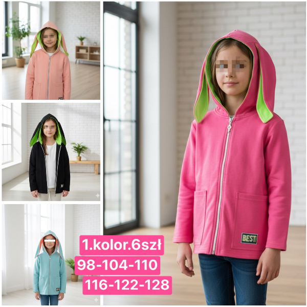 Bluzy dziewczęce Roz 128-164, 1 kolor Paczka 7 szt